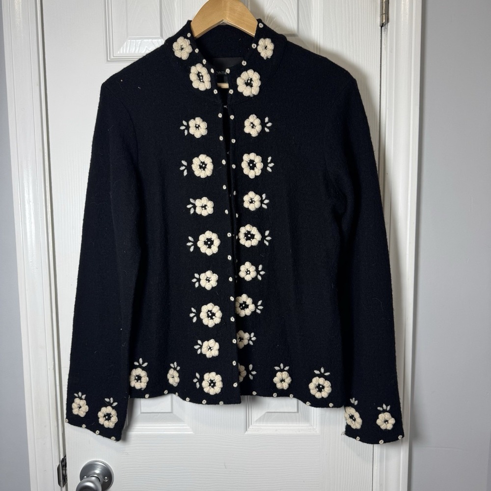 Cynthia Rowley Womens Wool Open Front Top Jacket Crepe‎ Floral Embroidered Med